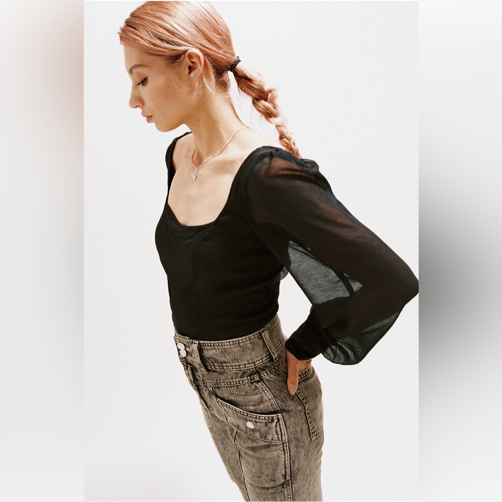 Urban Outfitters Lena Sheer Sleeve Square Neck Blouse